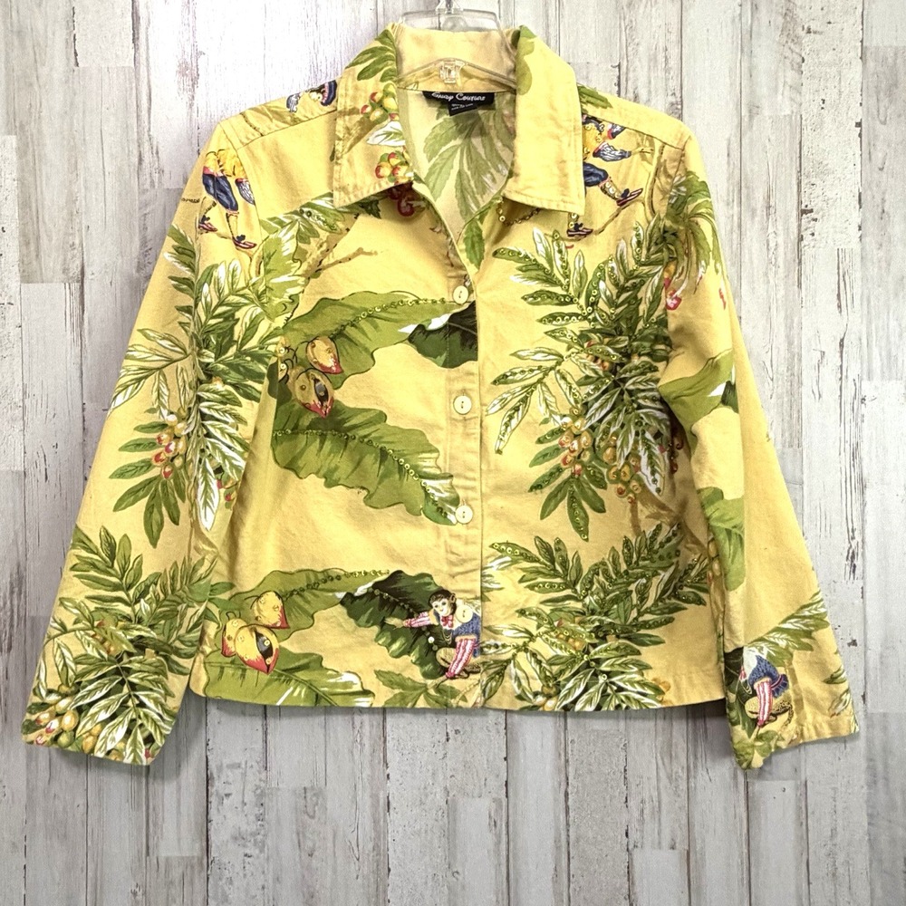 Gaudy Couture Embellished Jacket L Yellow Tropical Monkey Sequins Summer Party